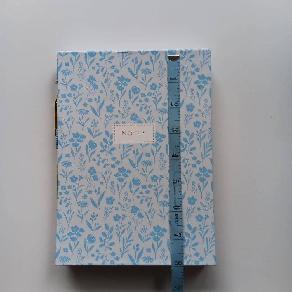 New Eccolo Gooseberry Moon Notepad with Pen Flowers Lined Blue White Gold